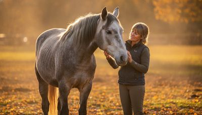 Seniorin streichelt sanft ein altes graues Pferd auf einer herbstlichen Weide